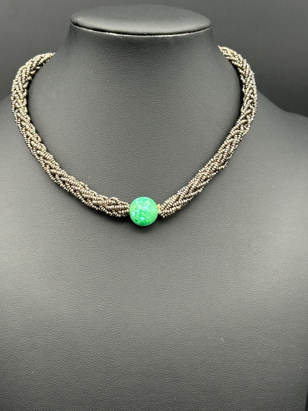 Vintage Silver Tone Braided Seed Bead Choker Necklace Green Glass Bead Accent